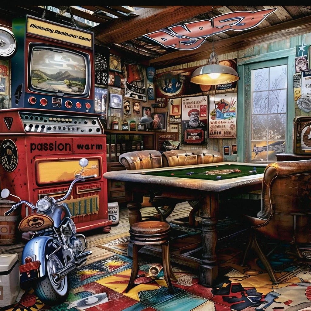 Vintage man cave room with poker table, leather chair, wall signs, and motorcycle-themed decor