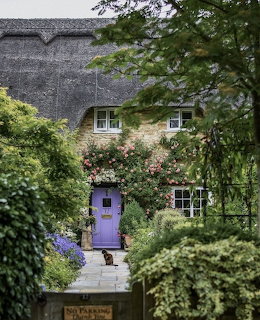 Thatched stone cottage with purple door, climbing pink roses, and a dog on the step