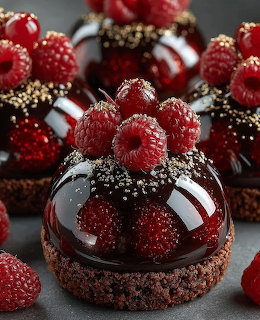 Chocolate tarts with raspberry topping and gold leaf garnish