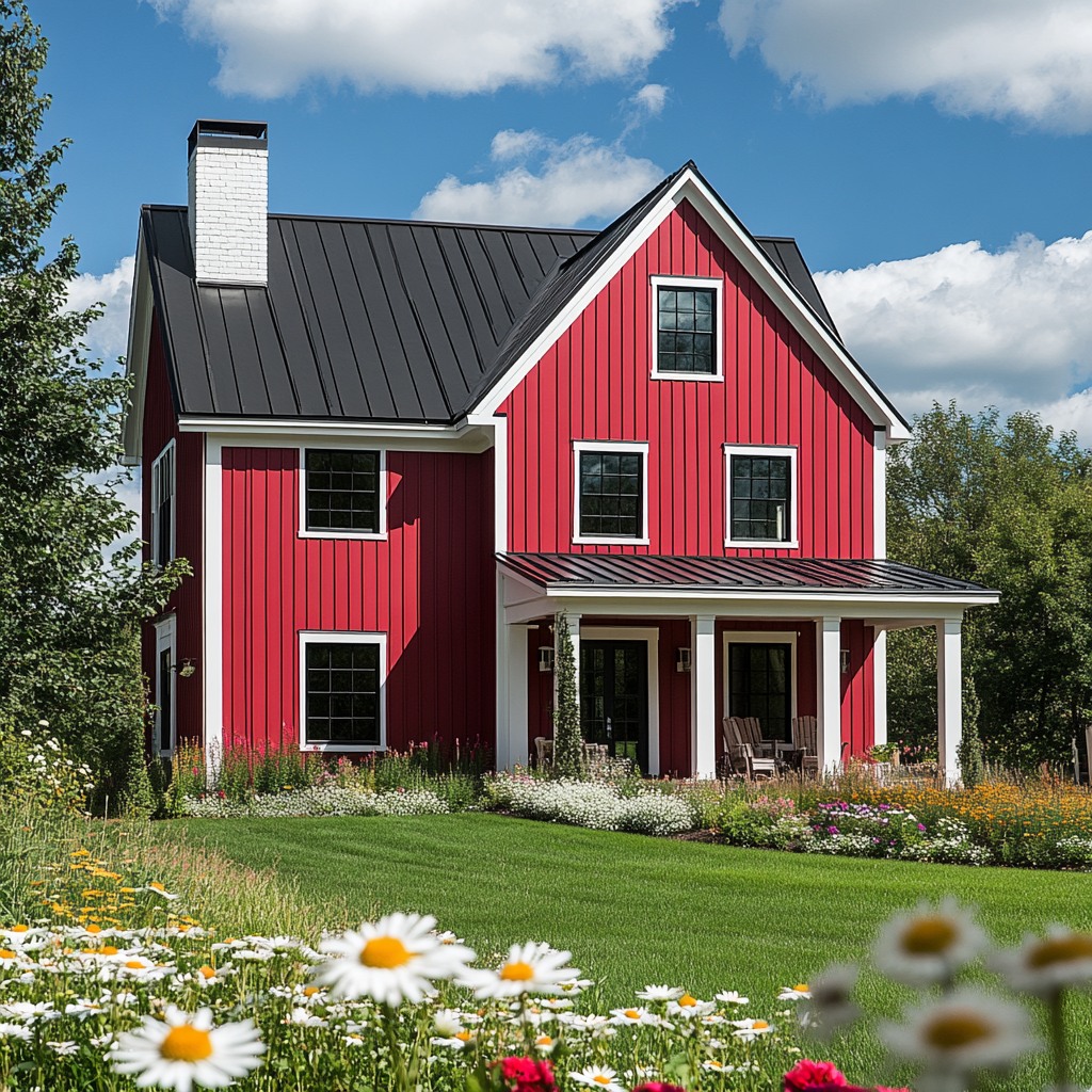 Red barndominium house with white trim, dark roof, green lawn, and daisies in the foreground