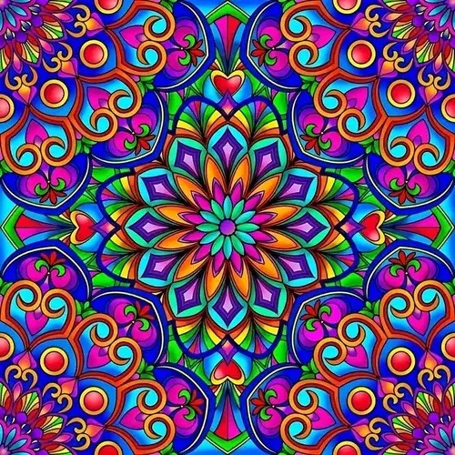 Colorful symmetrical mandala with swirling patterns and central flower in vibrant rainbow hues