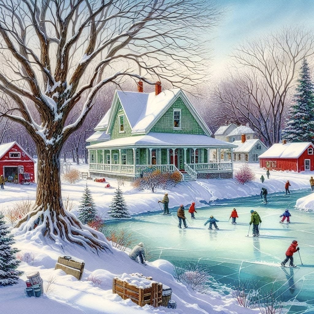 Winter scene showing people ice skating on frozen pond near green house with snow-covered trees and red barn