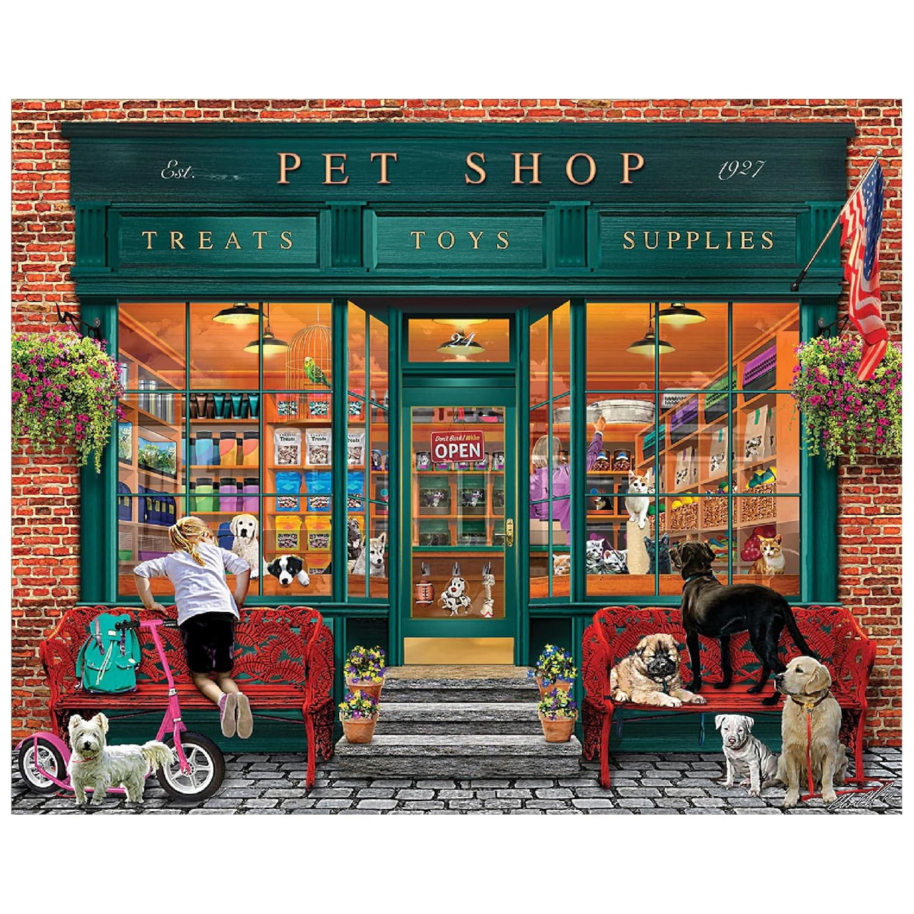 Illustrated pet shop front with dogs, cats, benches, and colorful supplies in the windows