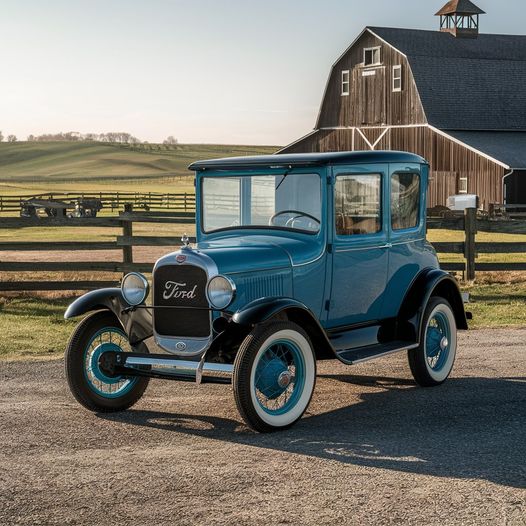 Blue vintage Ford Model T parked by barn and fence in countryside at dusk