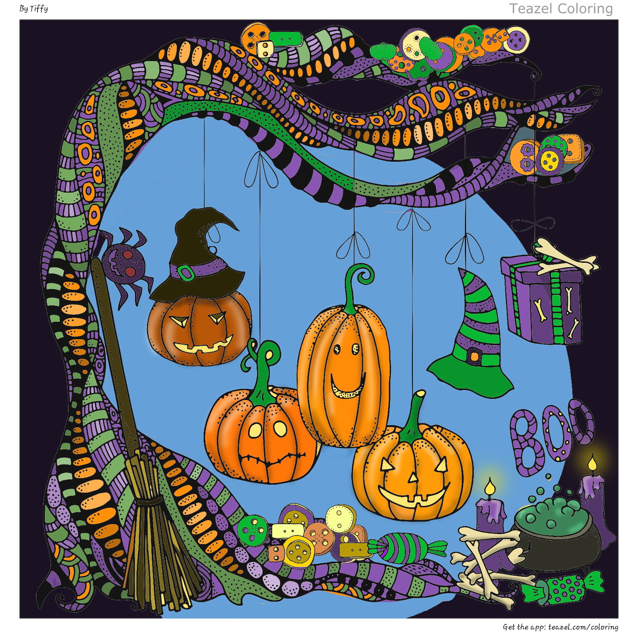 Halloween pumpkins with witch hats surrounded by candy corn and striped decorative border