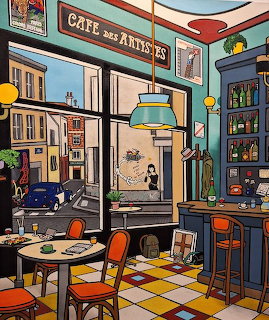 Colorful painting of a French café interior with checkered floor, window view of street, and bar with bottles