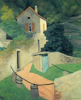 Painting of a house in a green valley with trees, a path, and terraced hillside by Félix Vallotton