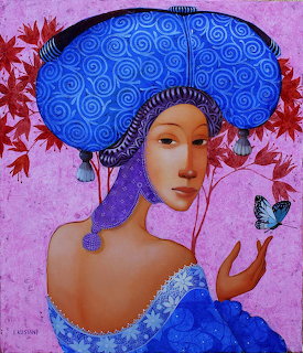 Portrait painting of woman in blue decorative headdress holding butterfly with pink floral background