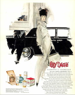 Vintage Lily Dache cosmetics advertisement illustration with elegant woman in white coat and black hat near a car