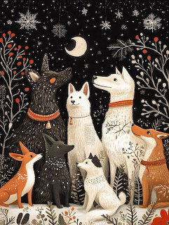 Illustration of several dogs in a snowy winter scene beneath a crescent moon