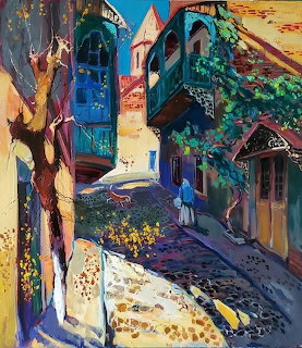 Colorful painting of sunny Mediterranean street with ornate buildings, balconies, cobblestones, walking figure