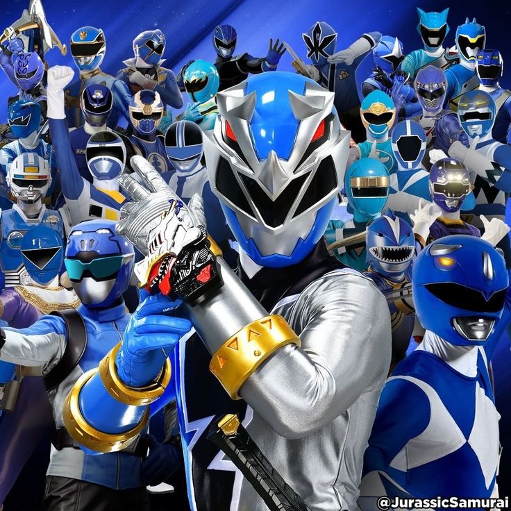 Collage of blue Power Rangers heroes in helmets and suits with central white ranger