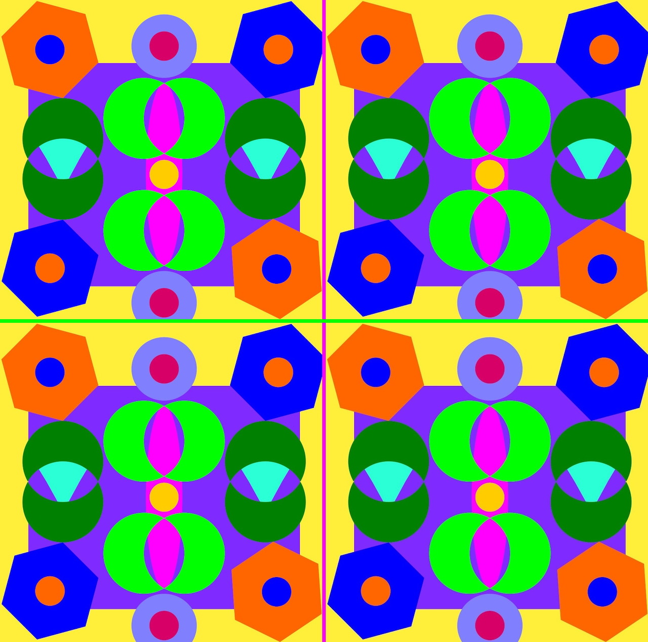 Colorful geometric pattern with hexagons, circles and diamonds in bright blue, orange, green and purple