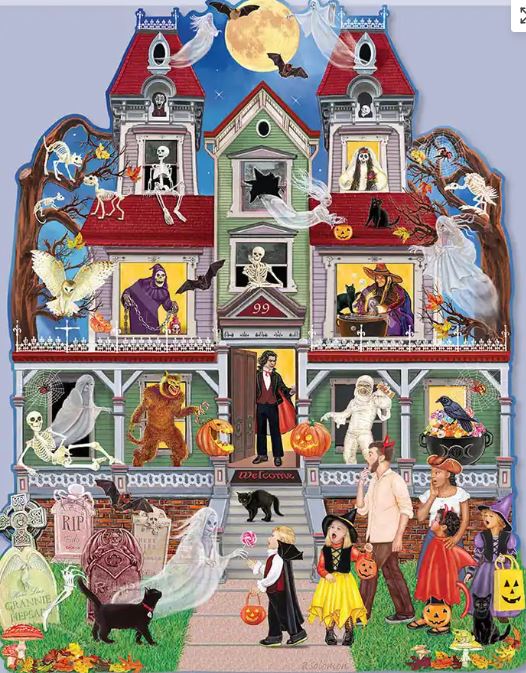Colorful illustration of a haunted house with ghosts, witches, cats, pumpkins, and Halloween characters