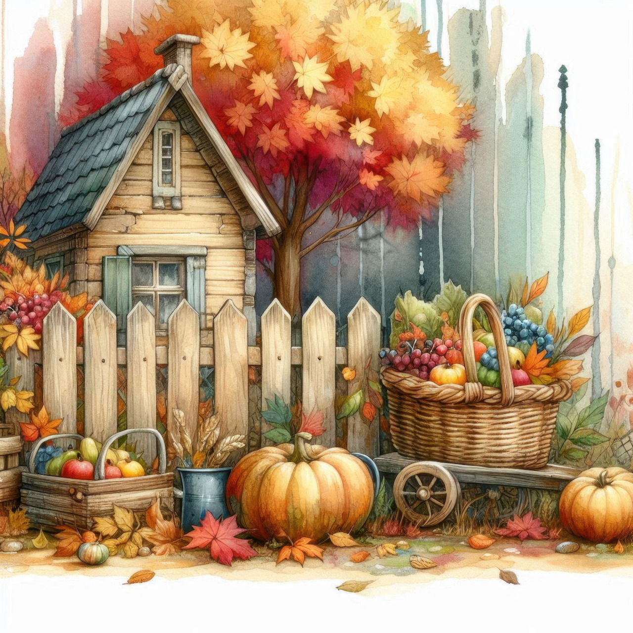 Watercolor illustration of a cottage surrounded by autumn leaves, pumpkins, and harvest baskets