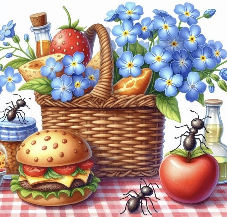 Cartoon picnic basket with flowers, food items, and ants on checkered tablecloth