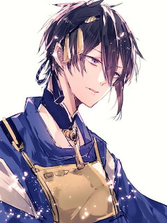 Anime boy with dark hair in blue outfit smiling