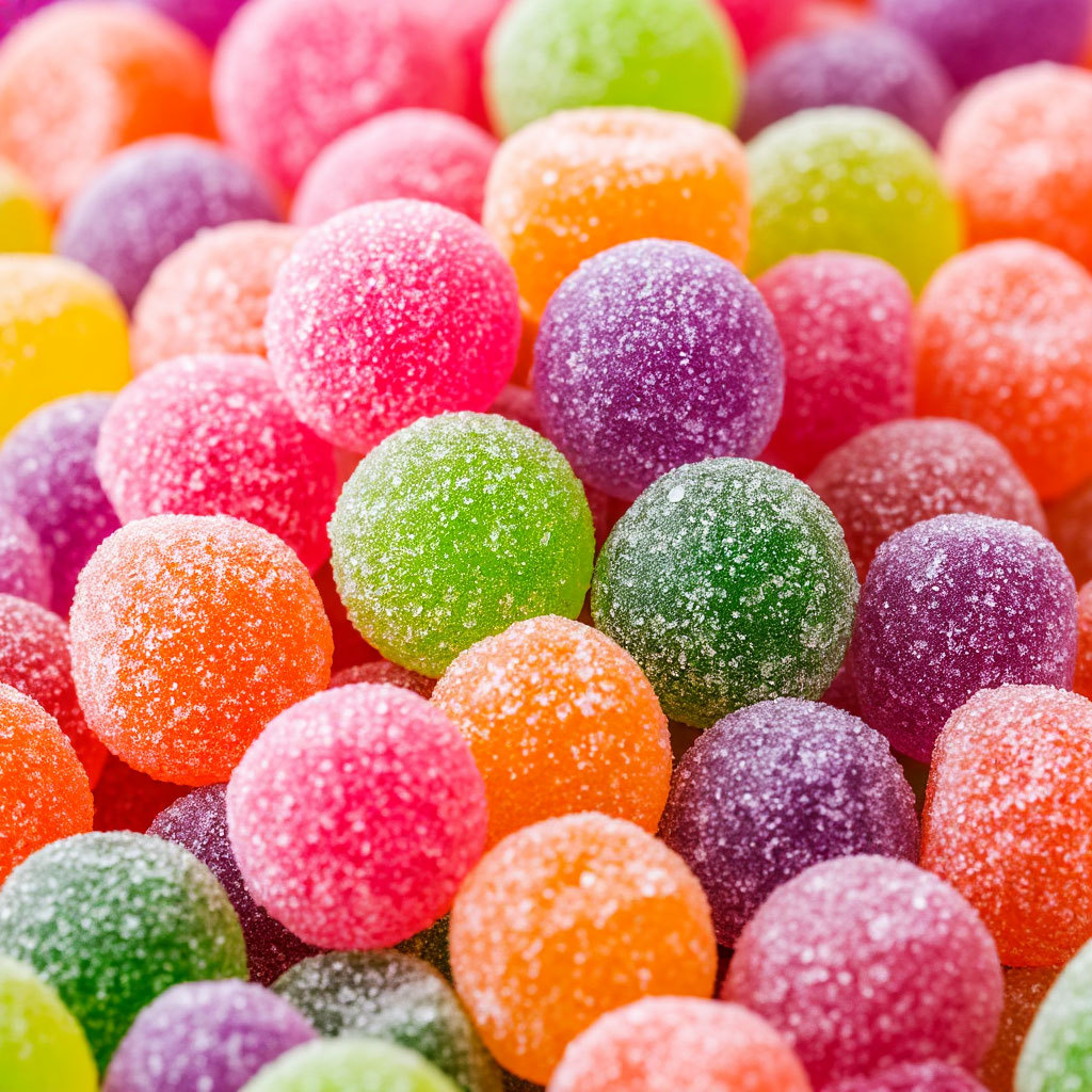 Close-up of multicolored sugar-coated gummy candies