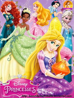 Group of Disney princesses in colorful dresses on purple starry background