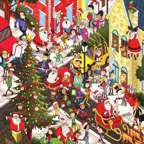 Crowded cartoon Christmas scene with Santas, decorated trees, gifts, and festive people