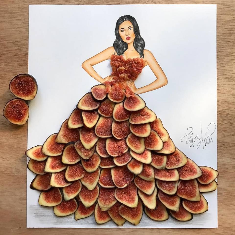 Fashion sketch of woman wearing ball gown made of layered fig slices on white paper with real figs beside it