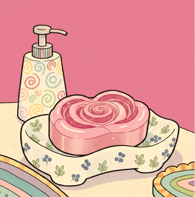 Pink rose-shaped soap on floral dish with soap dispenser on coral background