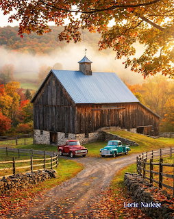 Rustic barn with vintage red and teal trucks on a dirt road surrounded by autumn foliage and mist