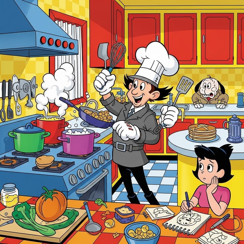 Inspector Gadget in chef's hat cooking with extended gadget arms in bright cartoon kitchen