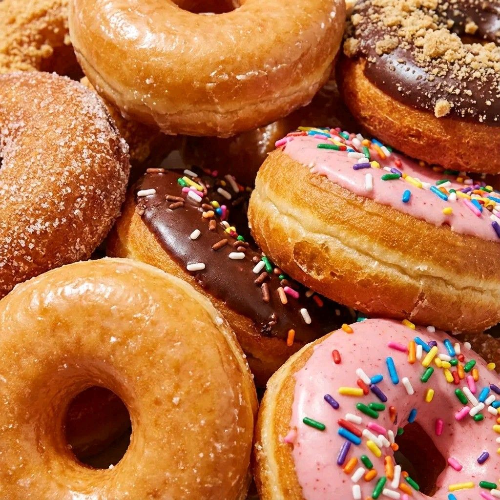 Close-up of assorted glazed and frosted donuts with sprinkles and powdered sugar