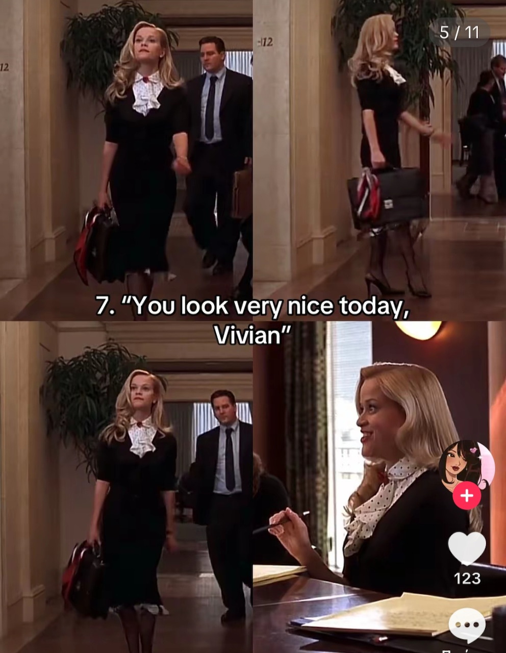 Two movie stills showing a blonde woman in black walking a hallway, with a quote caption overlay.