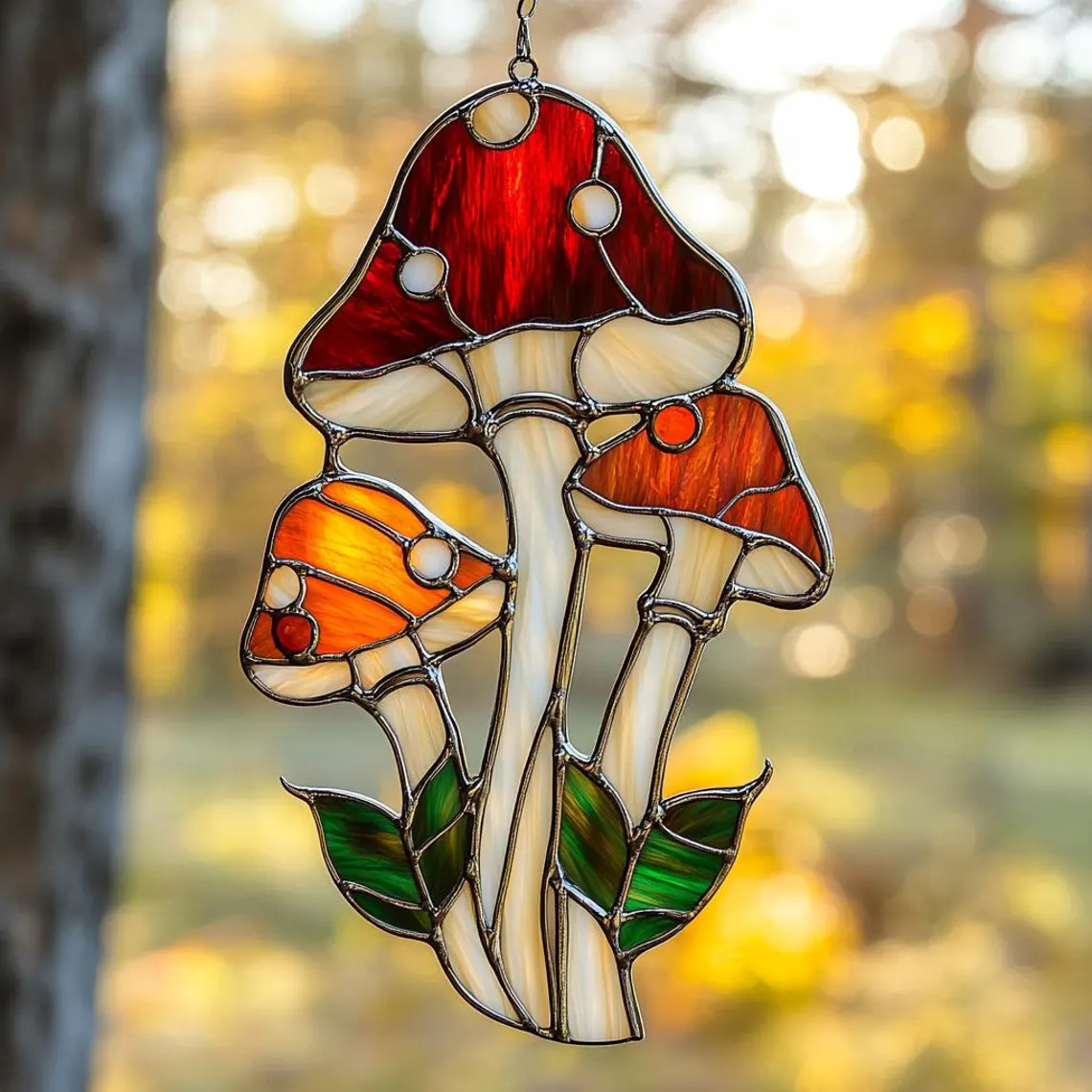 Stained glass mushroom suncatcher with red and orange caps hanging in front of a blurred forest