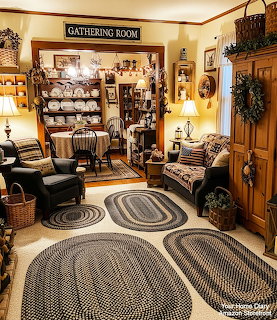 Rustic gathering room with wooden furniture, pottery collection, woven rugs, and country décor