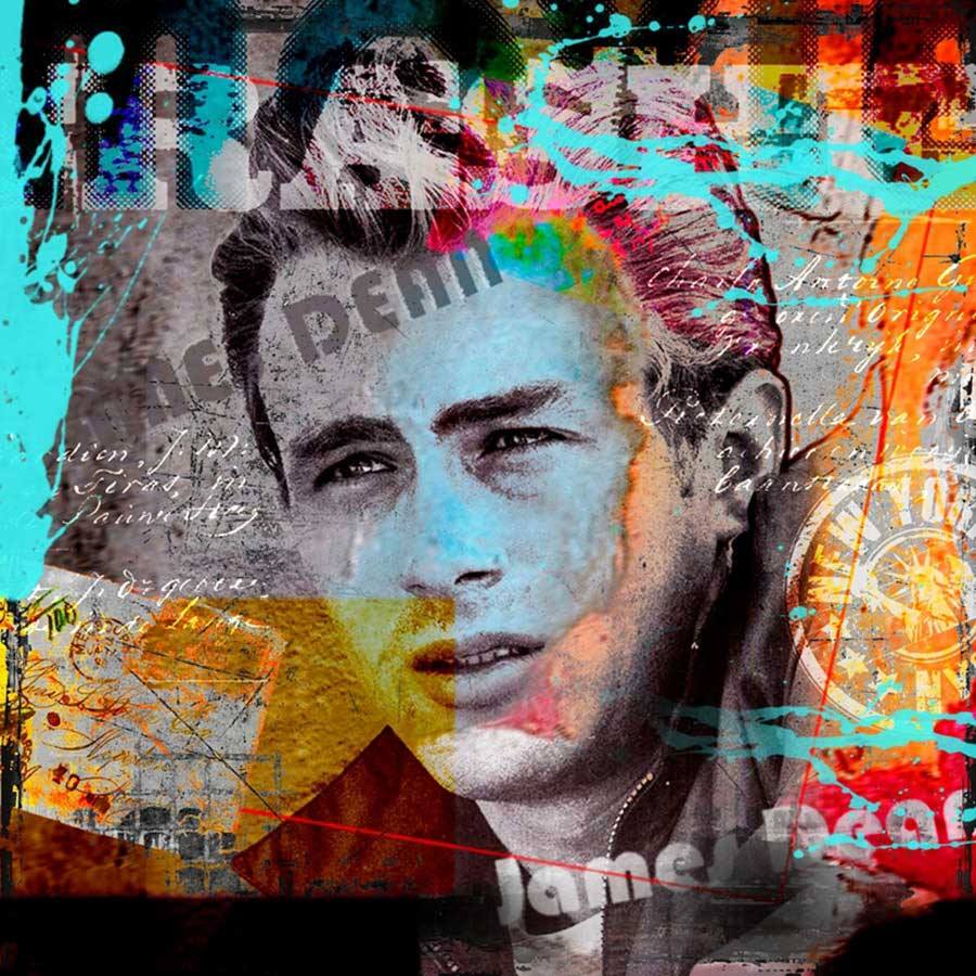 Colorful pop art style portrait collage of James Dean with layered textures and bright abstract elements