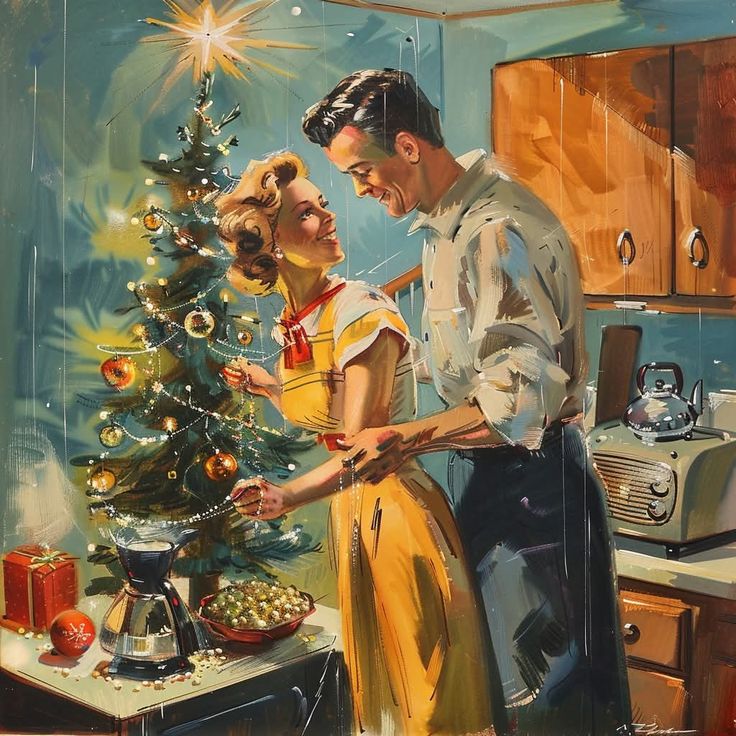 Retro couple exchanging Christmas gift beside decorated tree in vintage kitchen