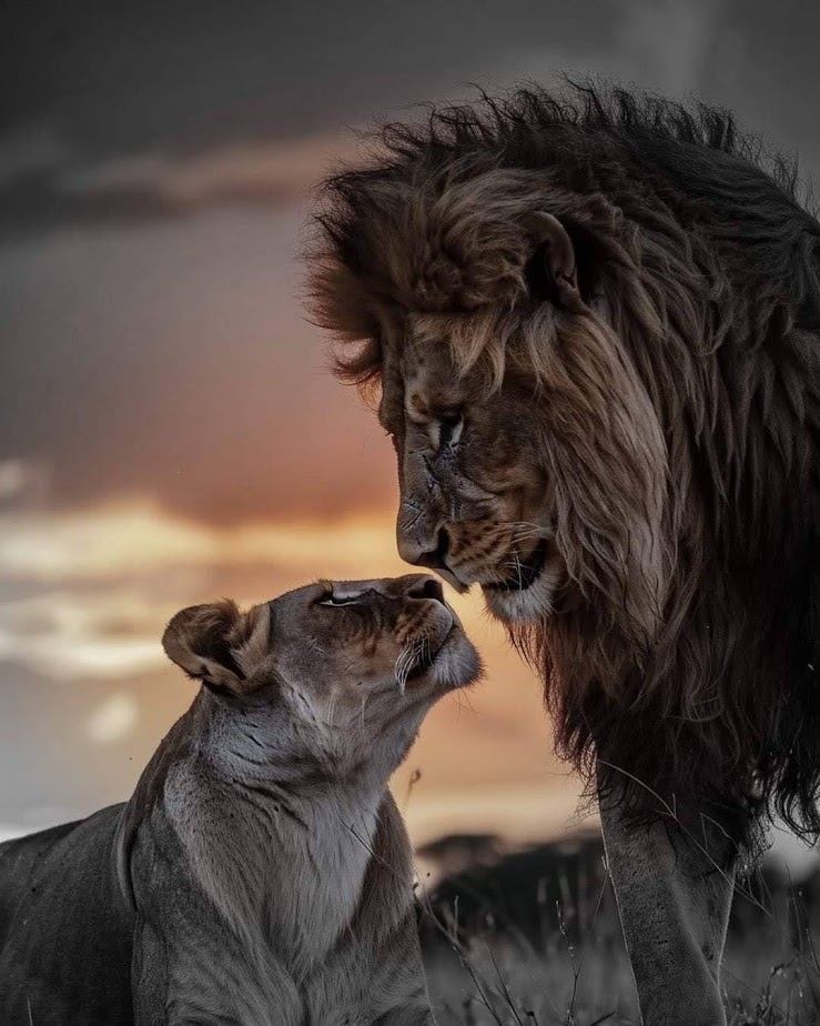 Male lion with dark mane and lioness touching noses at sunset on the savanna