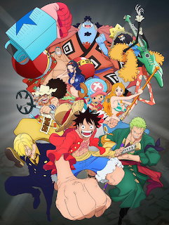 One Piece anime characters in colorful group illustration with Straw Hat crew members in action poses