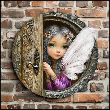 Fantasy fairy girl with silver hair and butterfly wings peeking through an ornate circular door in a brick wall