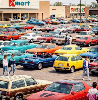 Colorful vintage cars filling a crowded parking lot outside large retail stores