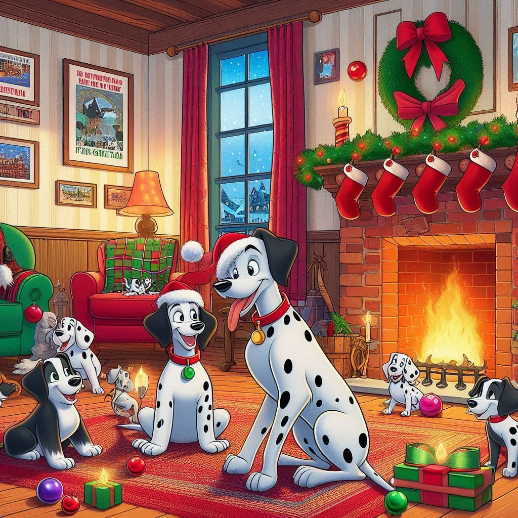 Cartoon Dalmatian puppies gathered in a festive Christmas living room with fireplace and decorations