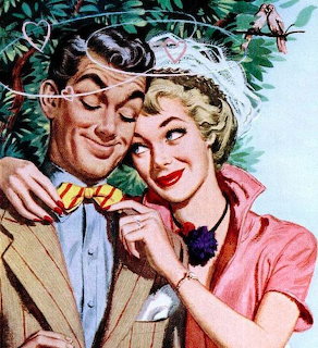 Vintage illustration of a smiling couple embracing, with a woman in pink and a man in a suit
