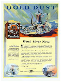 Vintage Gold Dust ad with silver tea set, teacup, and product box on a colorful illustrated poster