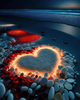 Illuminated heart made of glowing stones on a dark night beach near the ocean