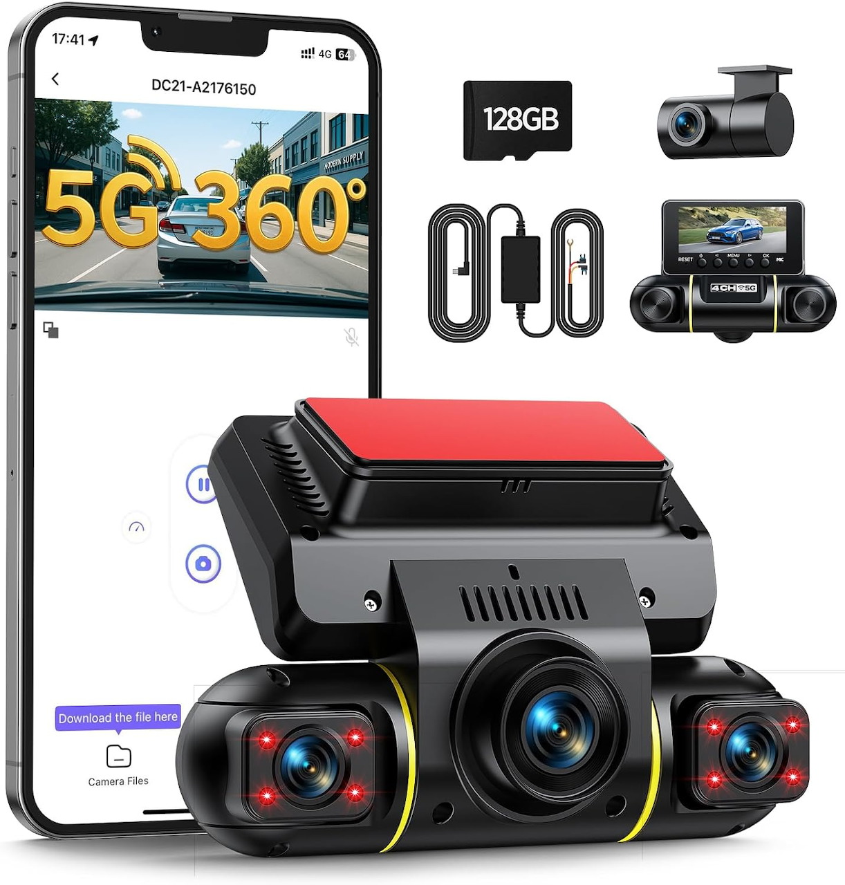 Car dash camera kit with front and rear cameras shown beside a smartphone app screen