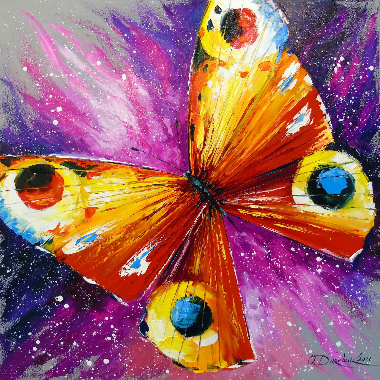 Abstract painting of colorful butterfly with orange and pink wings on purple starry background