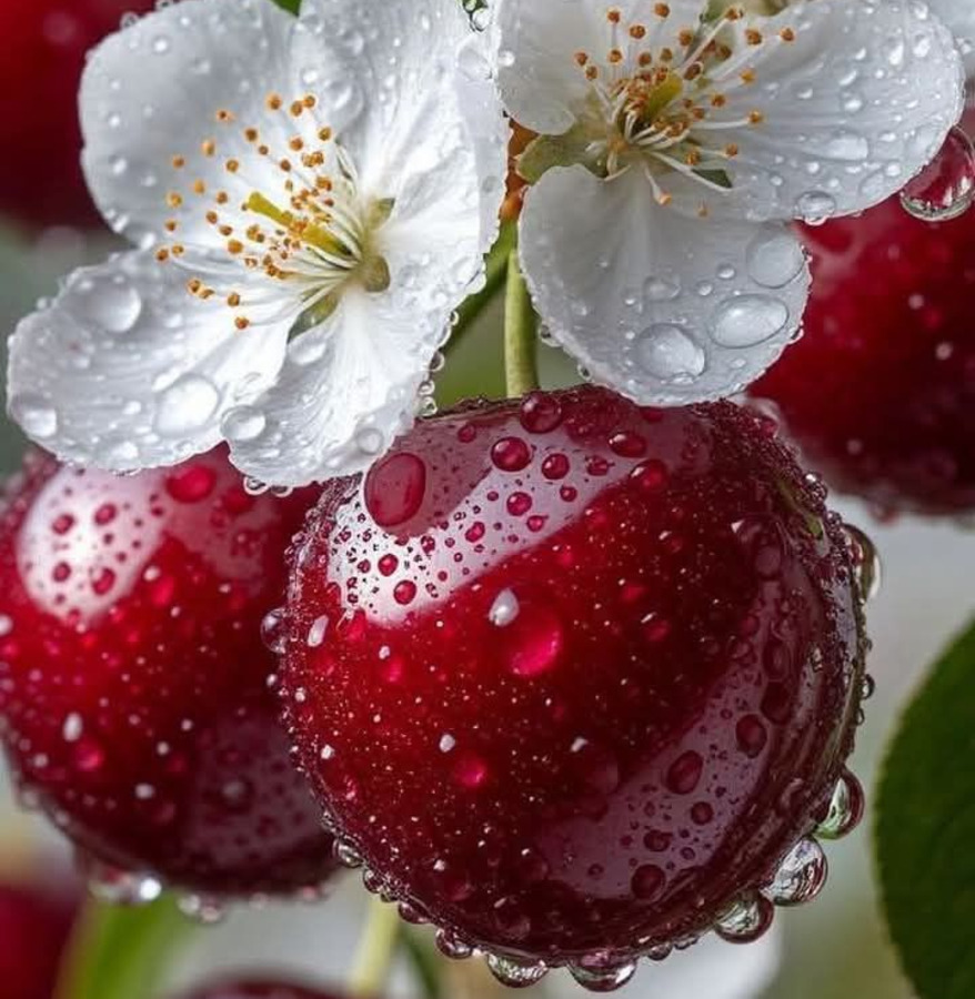 Wet red cherries and white cherry blossoms with water droplets on branch