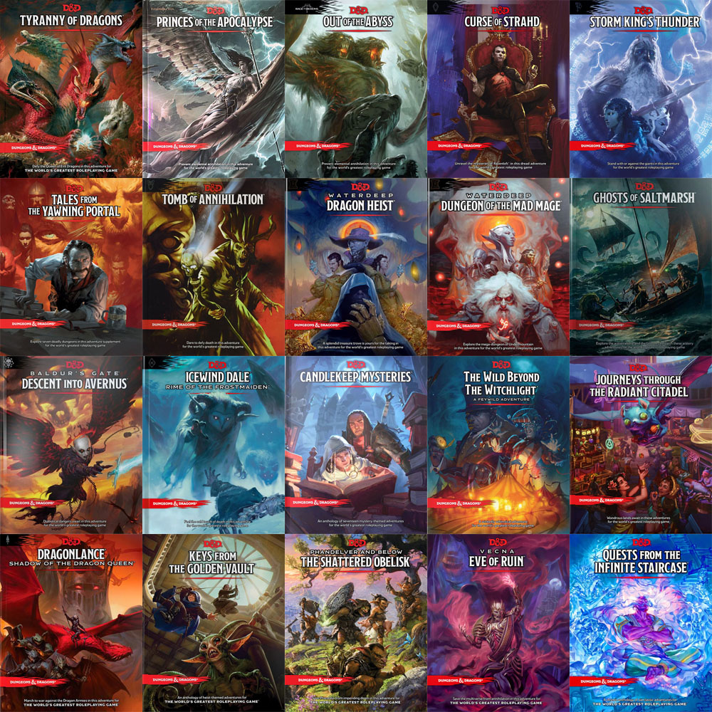 Twenty Dungeons & Dragons adventure book covers arranged in a grid showing fantasy artwork with dragons and characters
