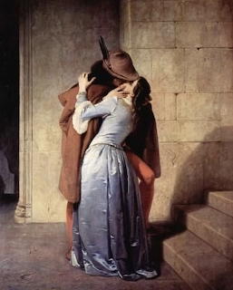 Francesco Hayez painting The Kiss showing a couple in romantic embrace on stone steps, 1859