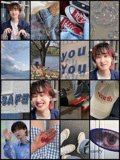 Grid collage of Eunhyuk photos showing portraits, casual moments, and everyday objects like candy and shoes