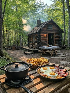 Outdoor breakfast table with eggs, bacon, fries, and a pot in front of a log cabin in the woods
