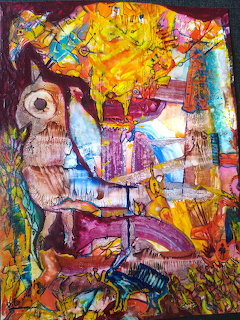 Colorful abstract painting with an owl-like figure and surreal shapes